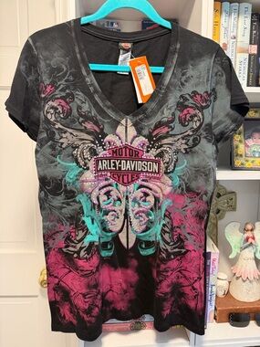 Harley-Davidson Black T-Shirt with Teal Accent and Orange Tag